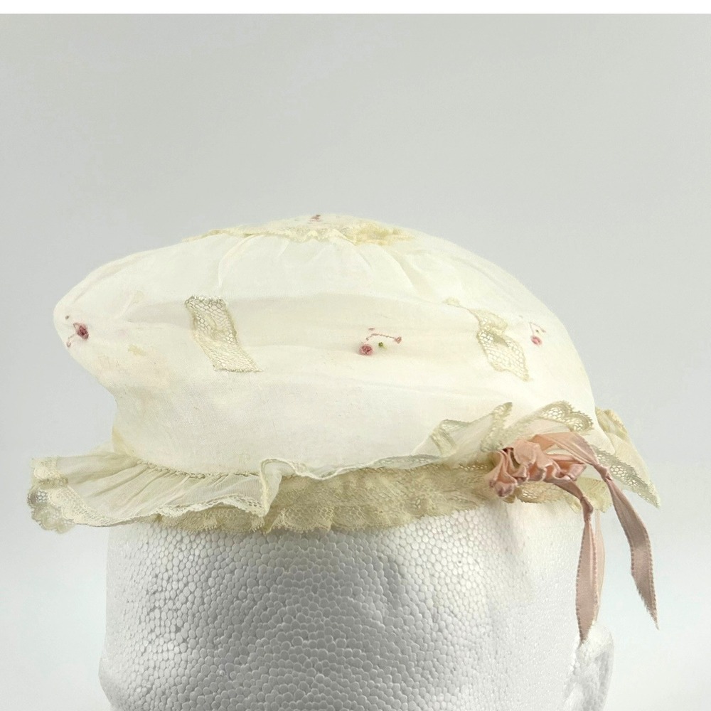 Antique Victorian Edwardian Lace Silk Baby Bonnet Hat Cream Pink Floral Embroidr